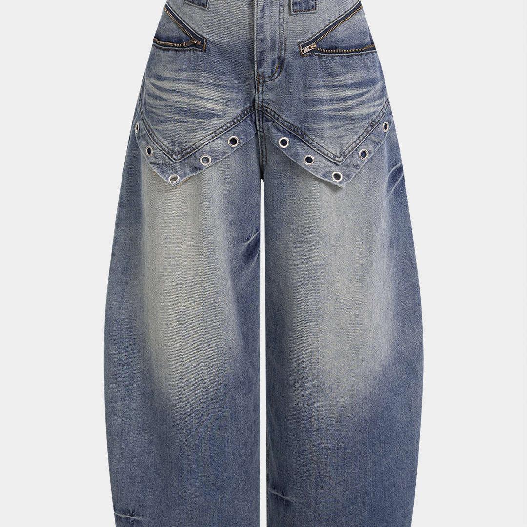 Szerokie Jeansy z Denimu z Ozdobnymi Przelotkami