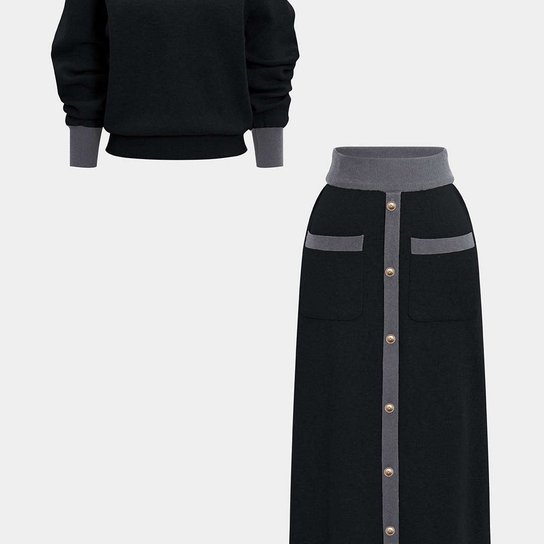 Komplet sweter z serek dekoltem i spódnica z guzikami