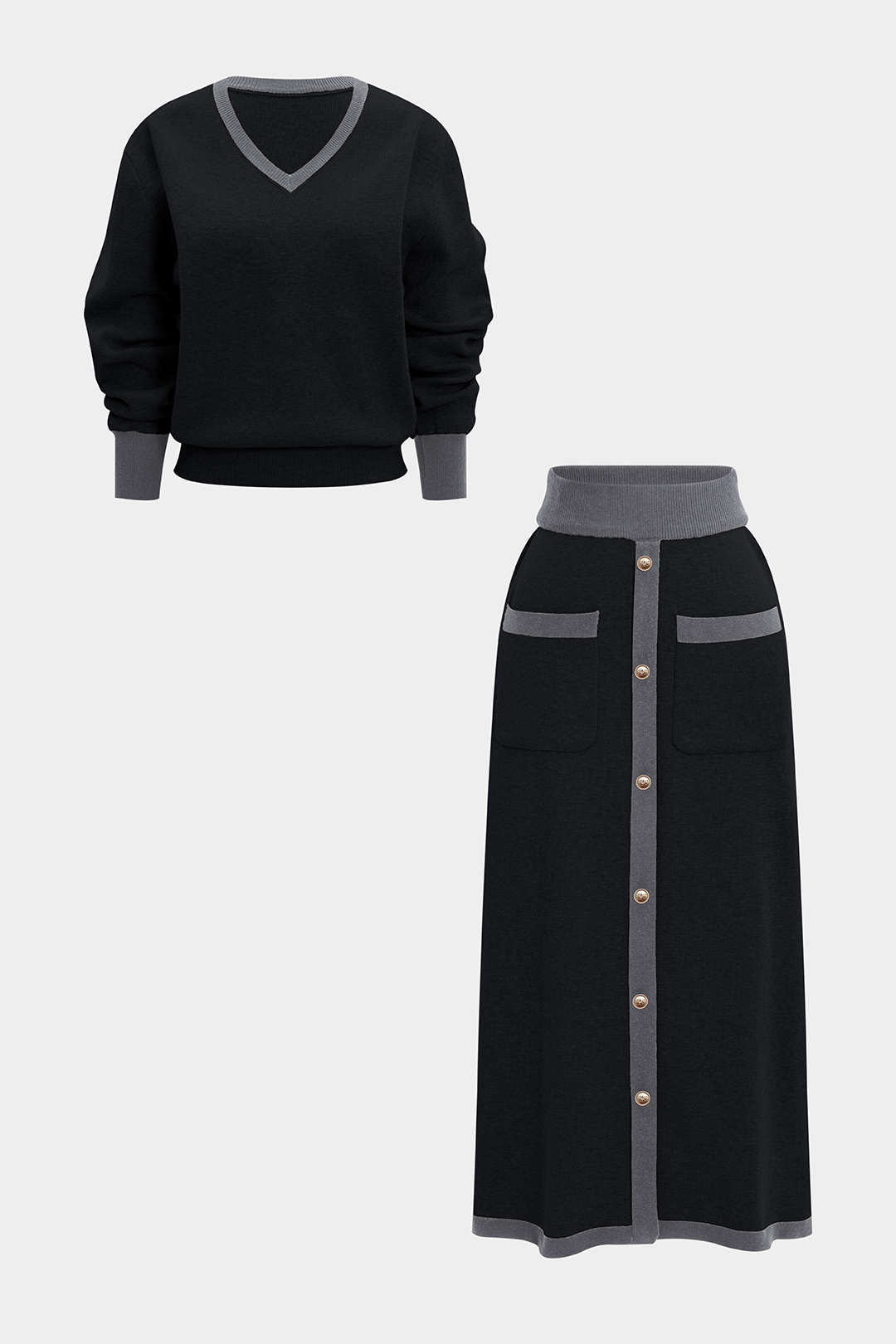 Komplet sweter z serek dekoltem i spódnica z guzikami