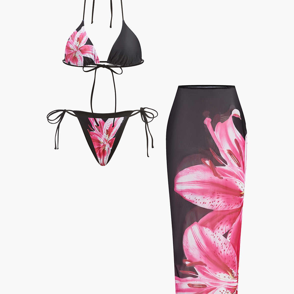 Kwiatowe bikini z siatkową spódniczką