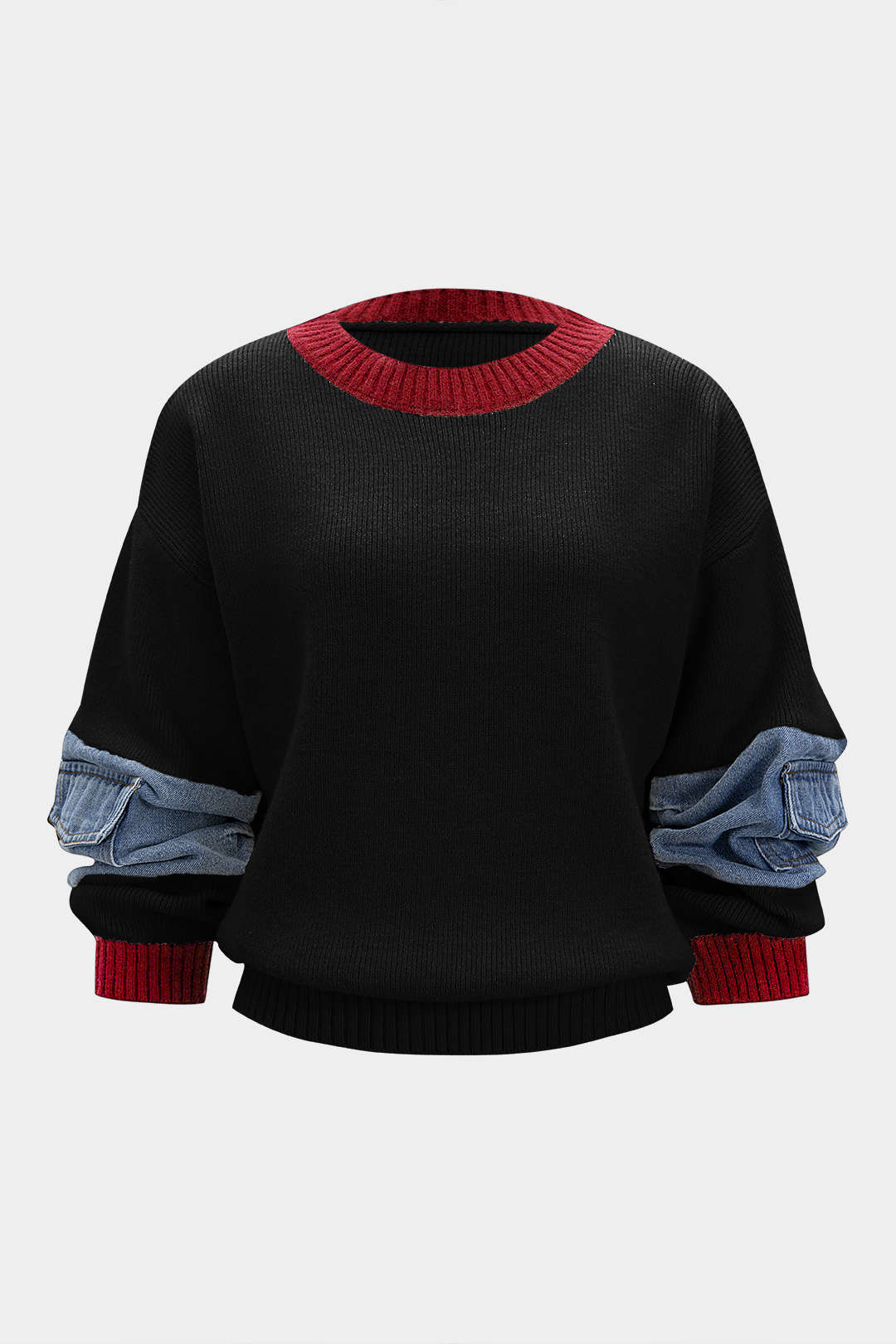Sweter z dzianiny z dżinsowymi detalami