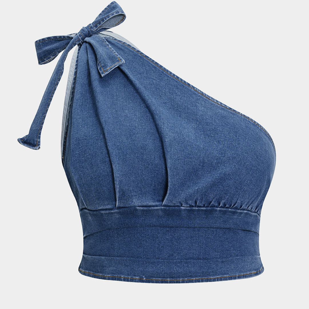 Asymetryczny top jeansowy plus size z wiązaniem