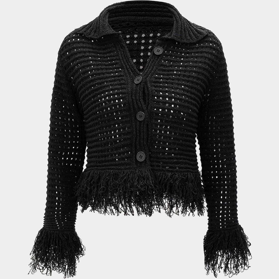 Dzianinowy sweter z ozdobnymi frędzlami