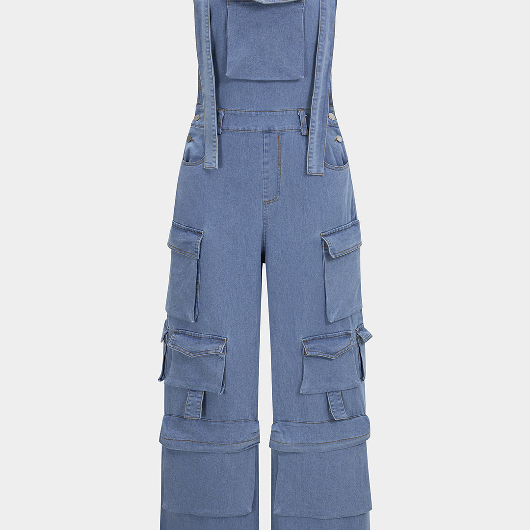 Kombinezon z denimu z kwadratowym wycięciem i kieszeniami
