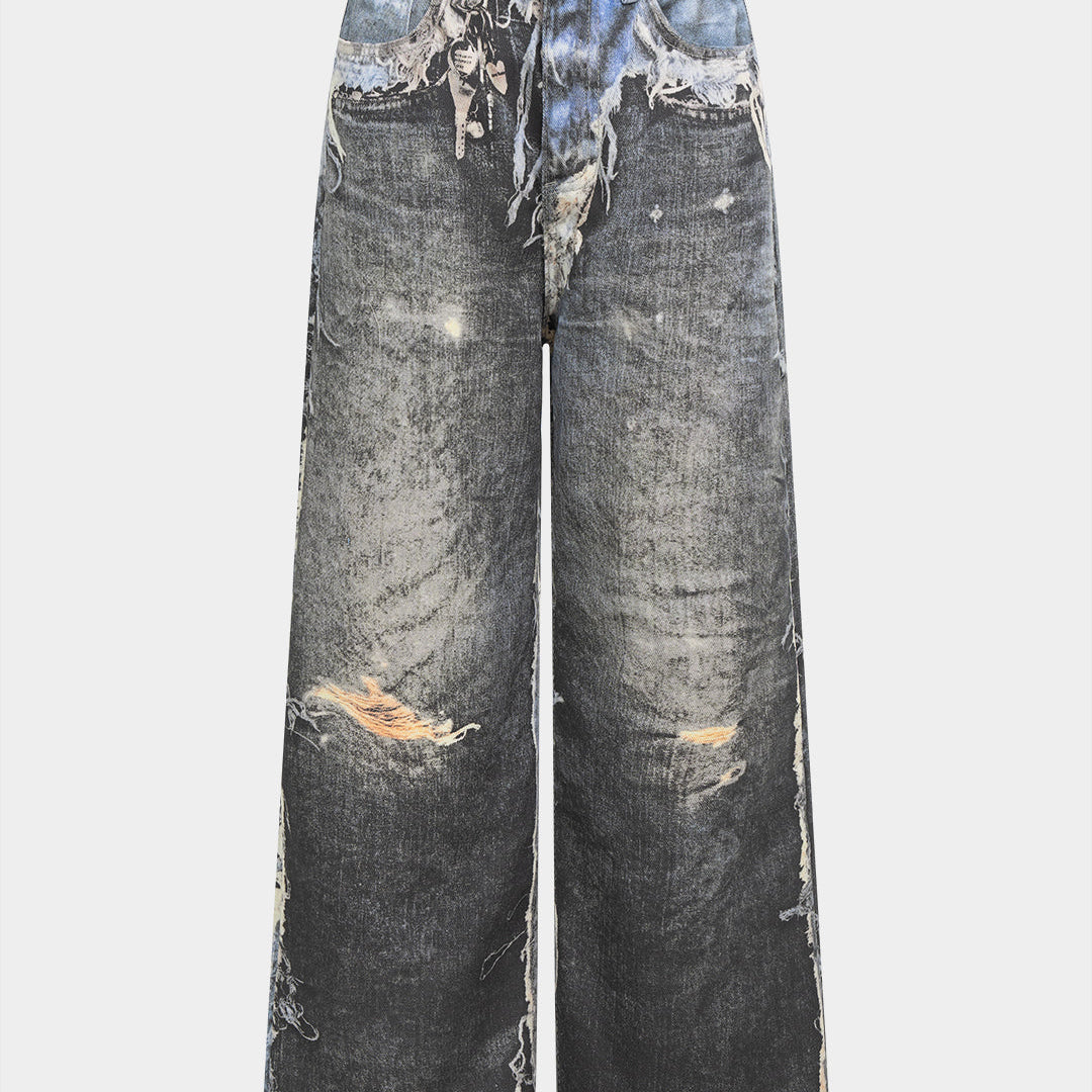 Szerokie spodnie z denimu z artystycznym motywem