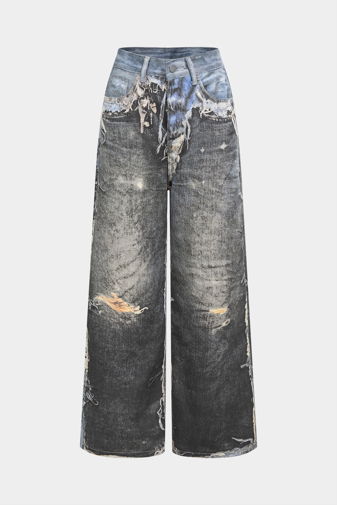 Szerokie spodnie z denimu z artystycznym motywem