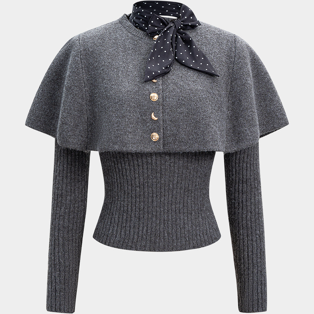 Sweter z dzianiny z metalicznymi guzikami i apaszką