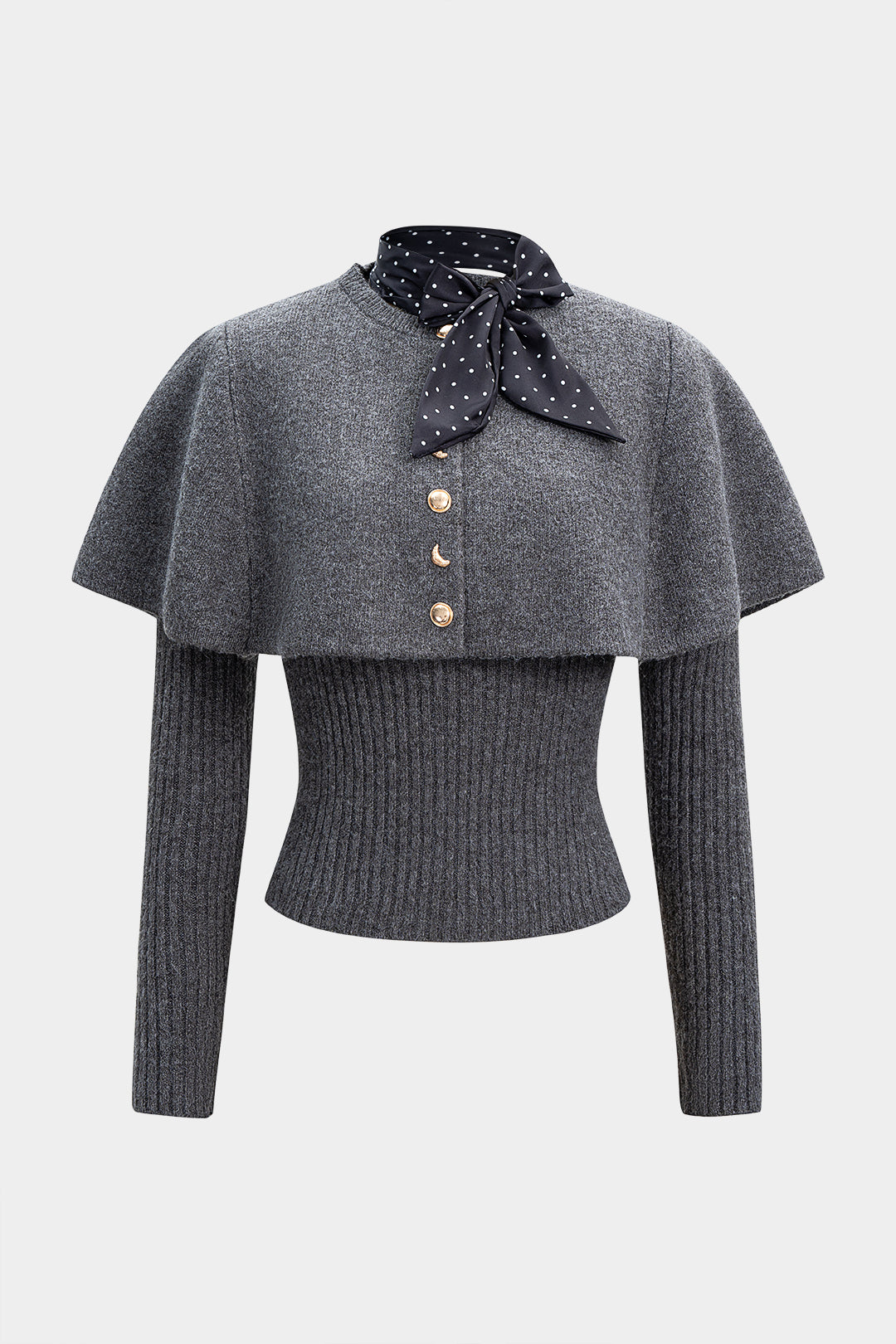 Sweter z dzianiny z metalicznymi guzikami i apaszką