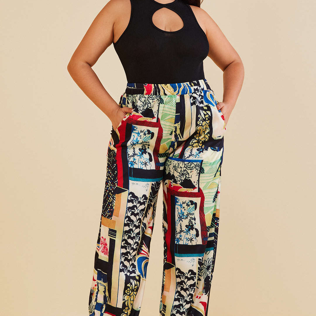 Kwiatowe spodnie damskie plus size z wysokim stanem
