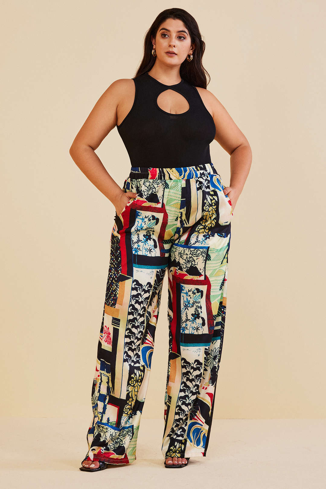 Kwiatowe spodnie damskie plus size z wysokim stanem