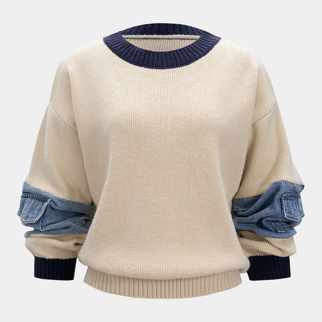Sweter z dzianiny z dżinsowymi detalami