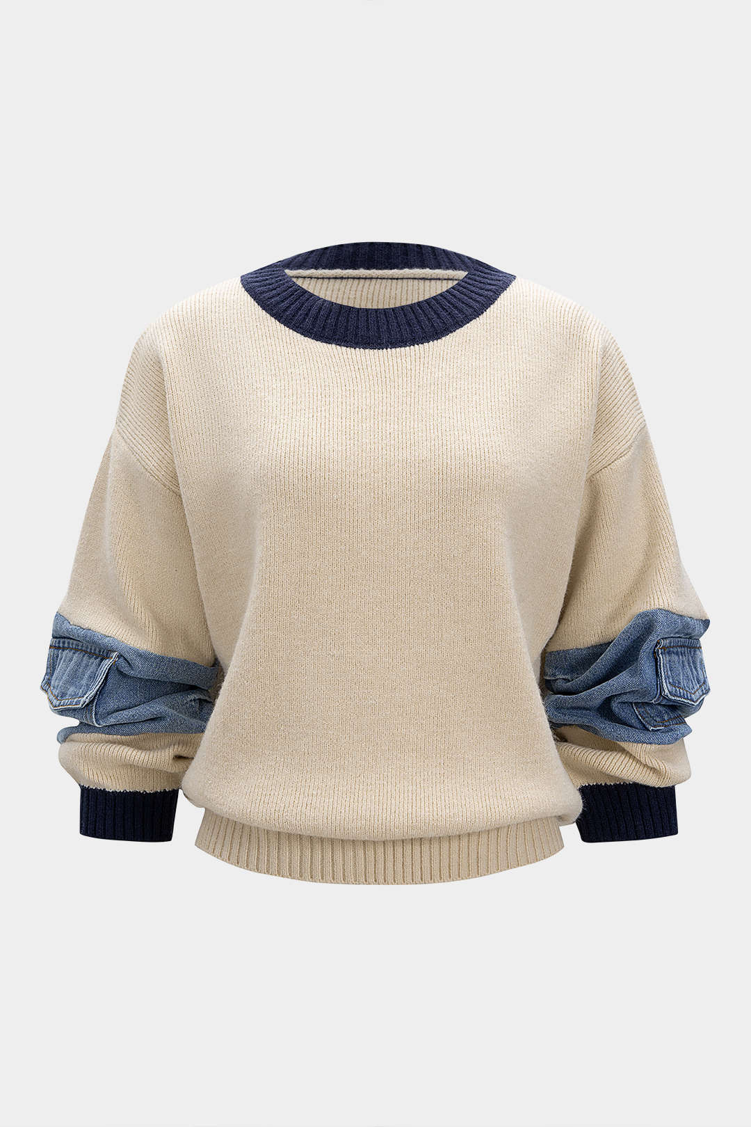 Sweter z dzianiny z dżinsowymi detalami