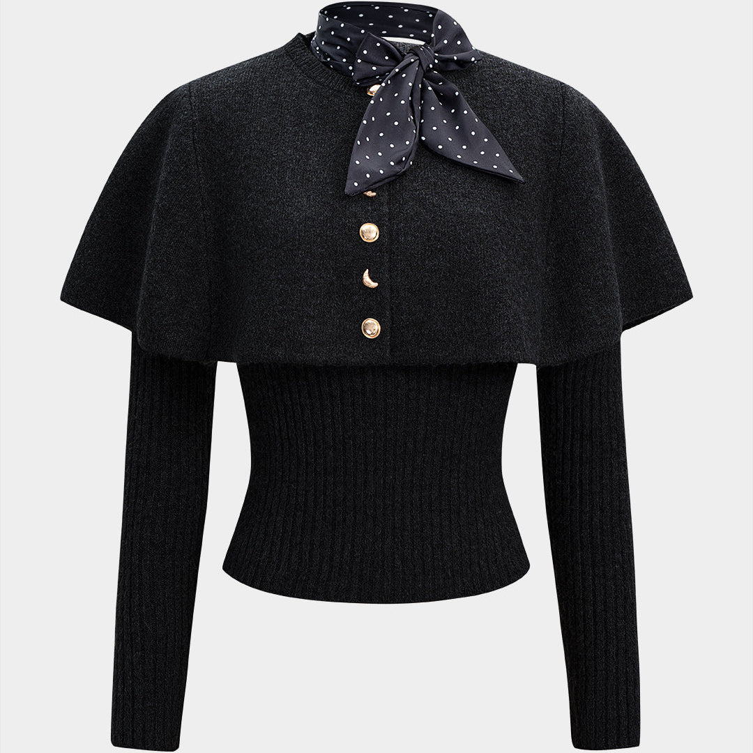 Sweter z dzianiny z metalicznymi guzikami i apaszką