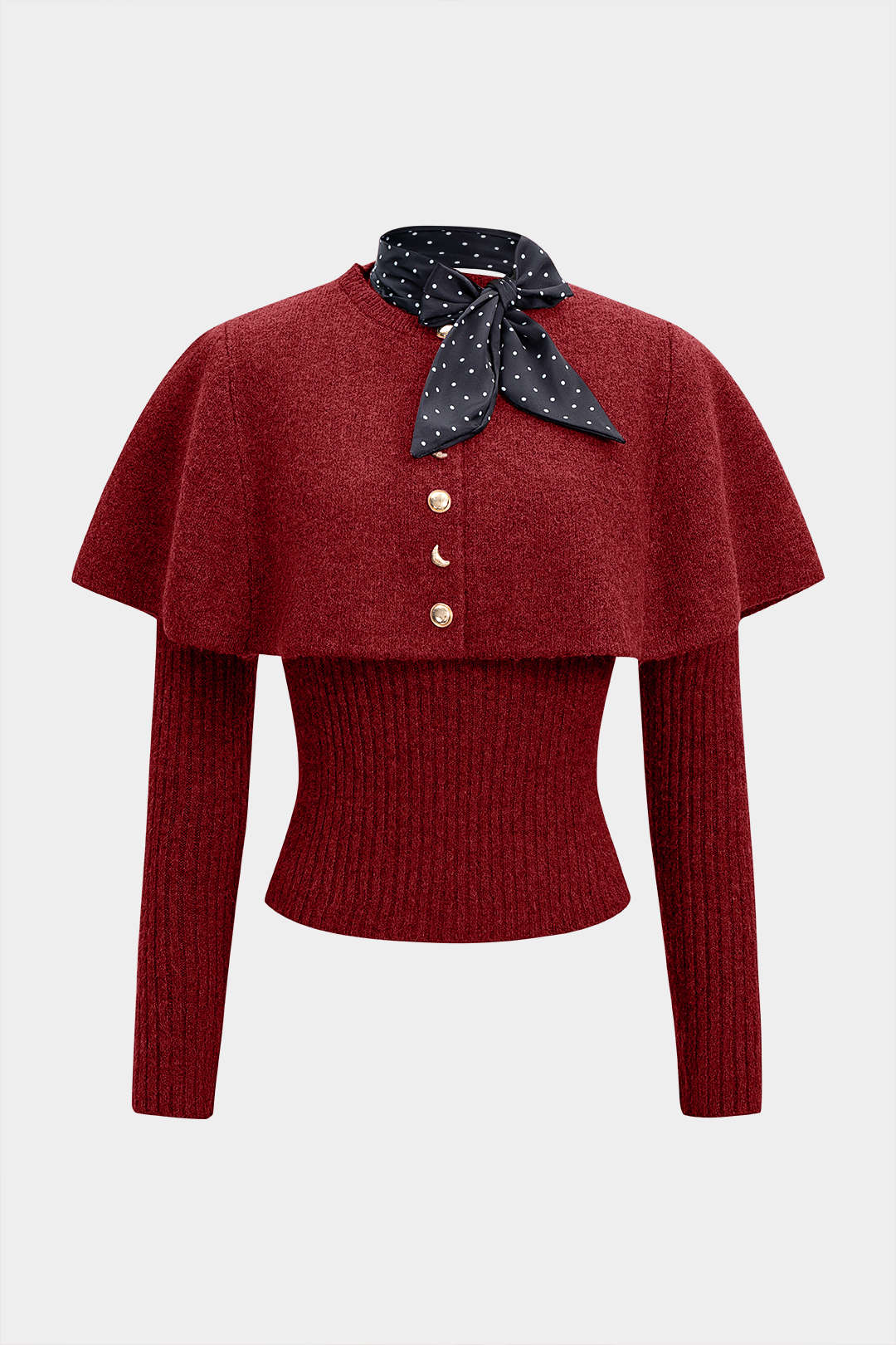 Sweter z dzianiny z metalicznymi guzikami i apaszką