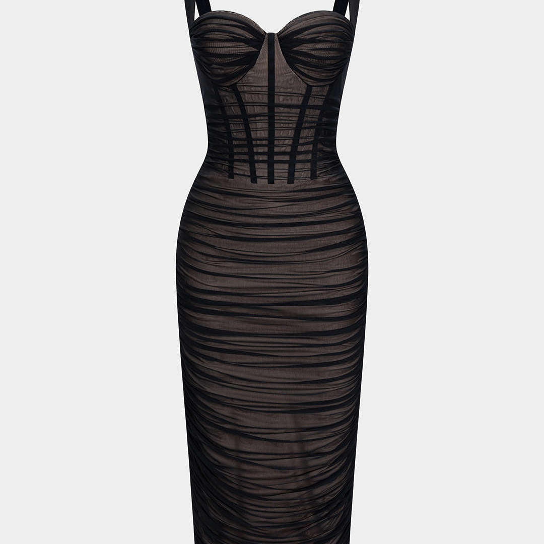Midi sukienka bustier z tiulowymi marszczeniami