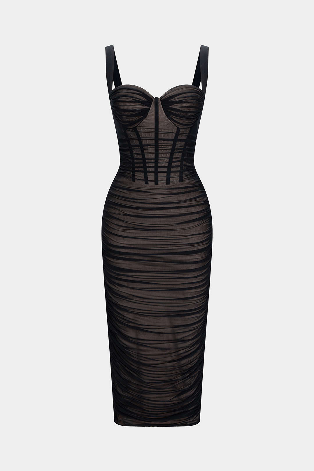 Midi sukienka bustier z tiulowymi marszczeniami