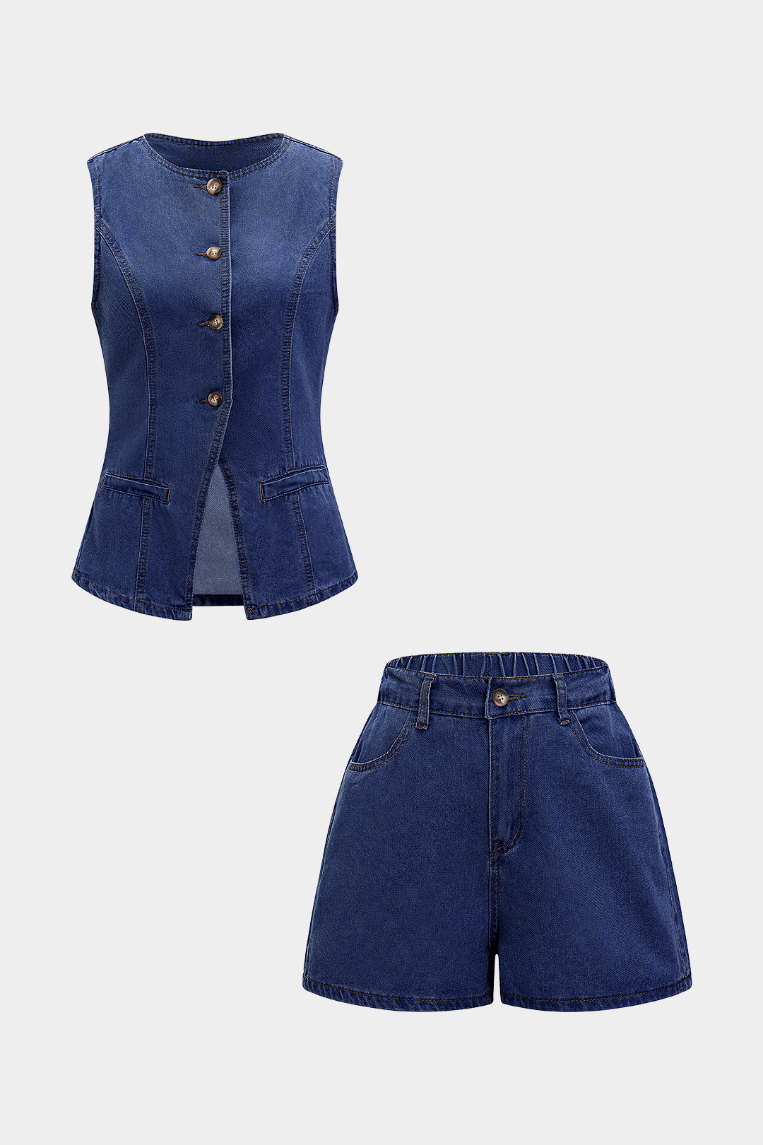 Komplet z denimu z bezrękawnikiem i szortami z wysokim stanem