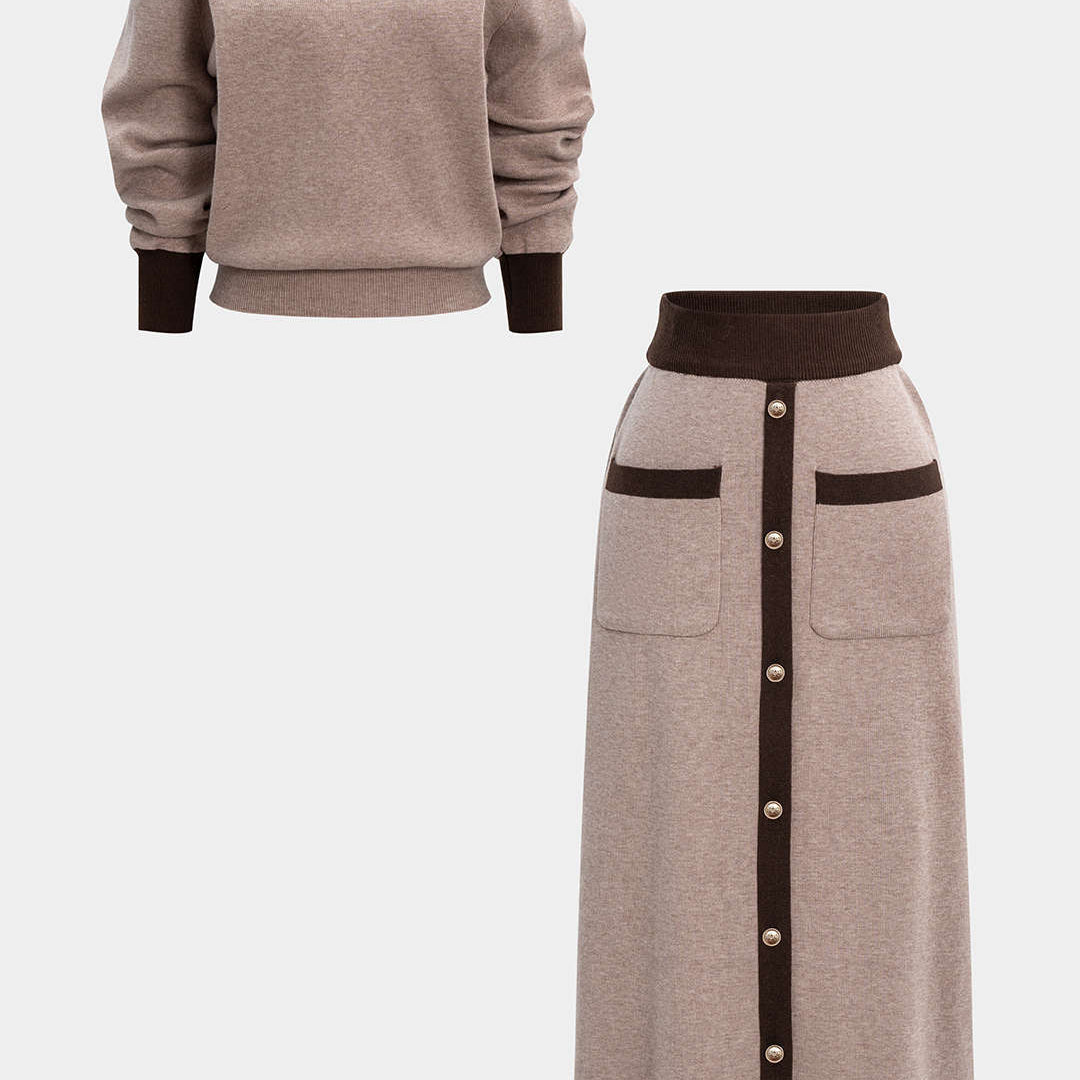 Komplet sweter z serek dekoltem i spódnica z guzikami