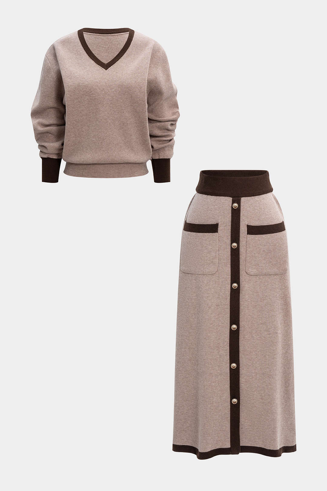 Komplet sweter z serek dekoltem i spódnica z guzikami