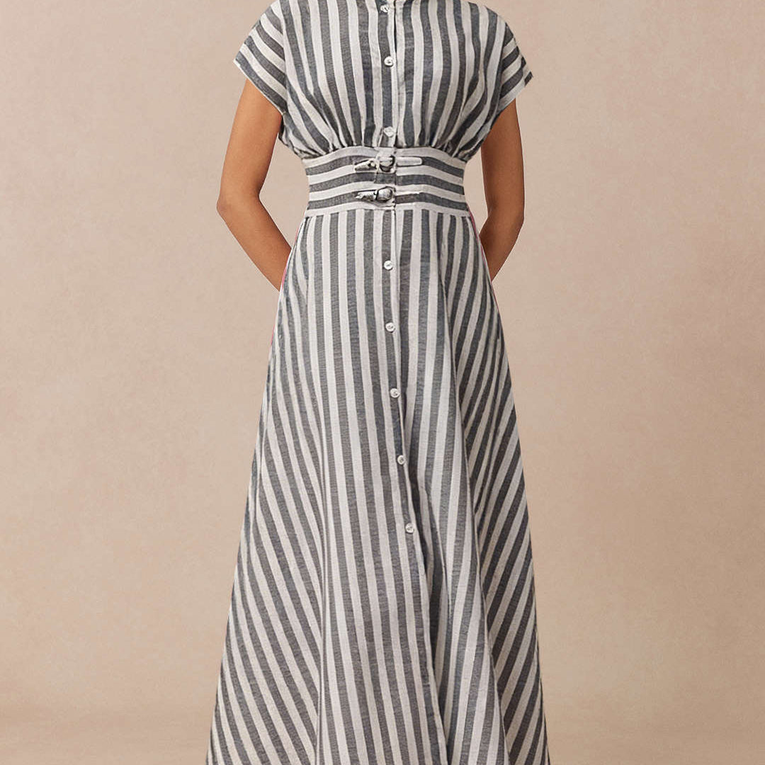 Midi sukienka w paski z guzikami i falbankami