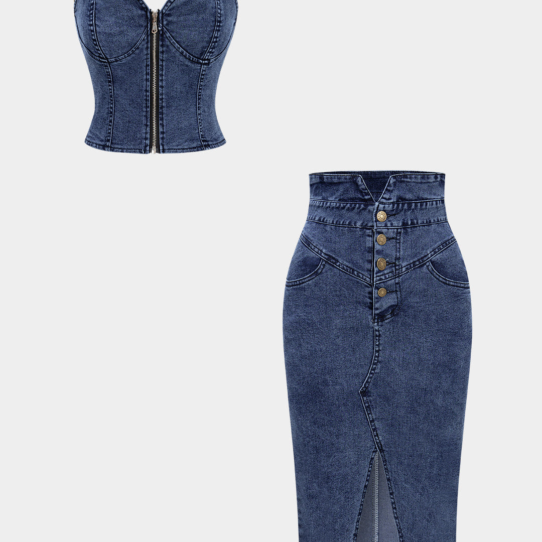 Damski zestaw z denimu z topem na suwak i spódnicą z guzikami