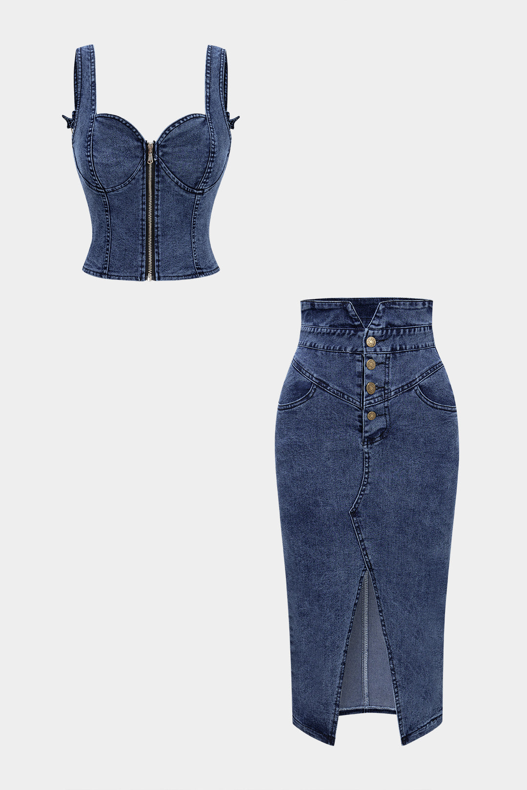 Damski zestaw z denimu z topem na suwak i spódnicą z guzikami