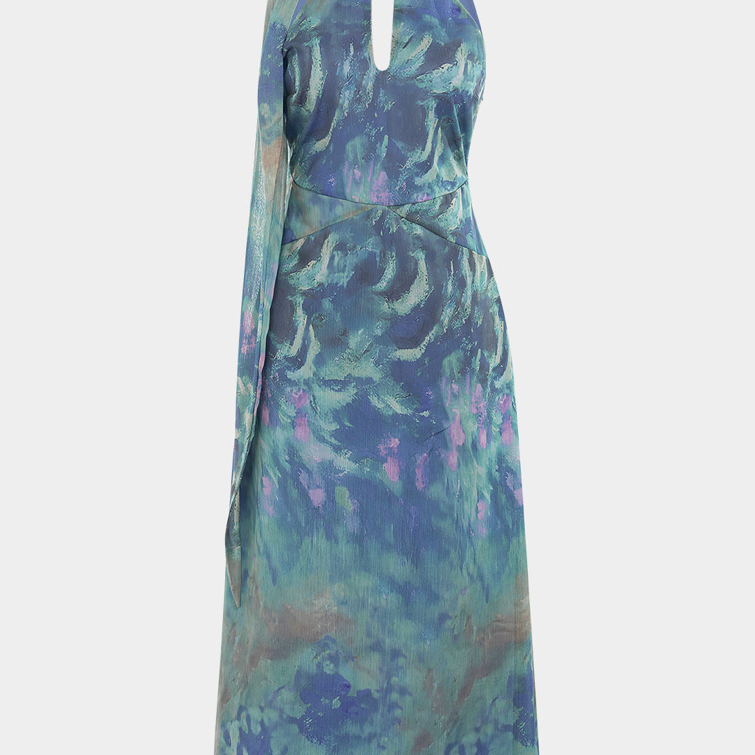 Siateczkowa sukienka maxi z dekoltem halter i chustą tie dye