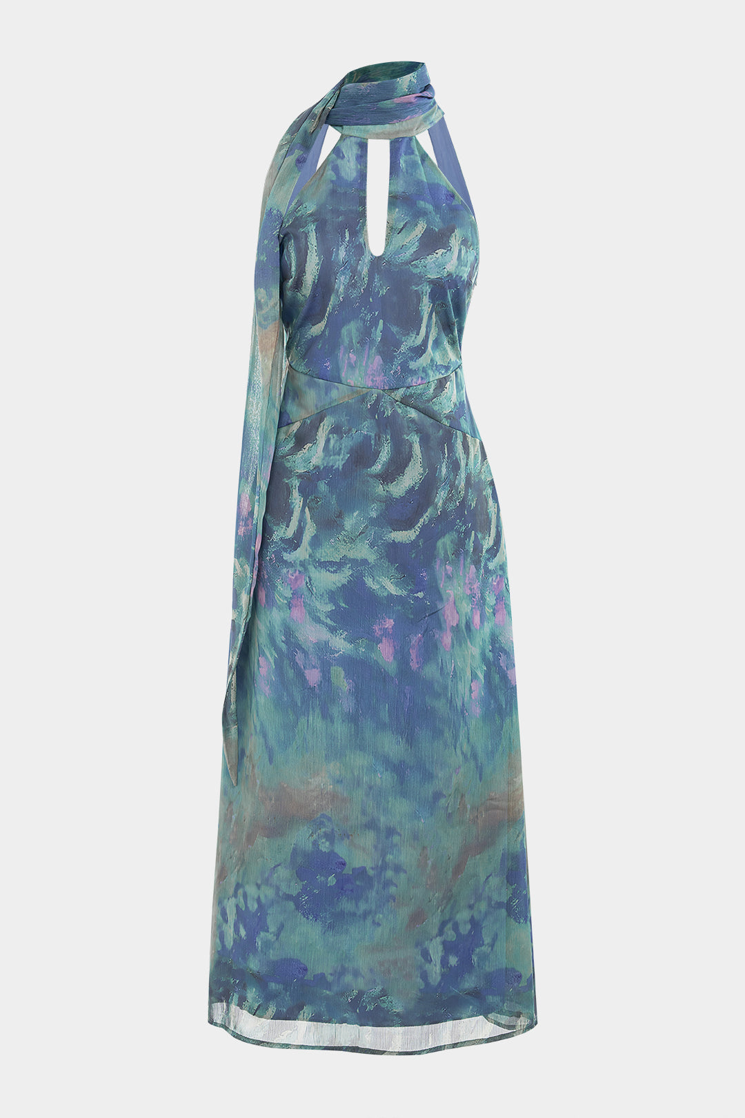 Siateczkowa sukienka maxi z dekoltem halter i chustą tie dye