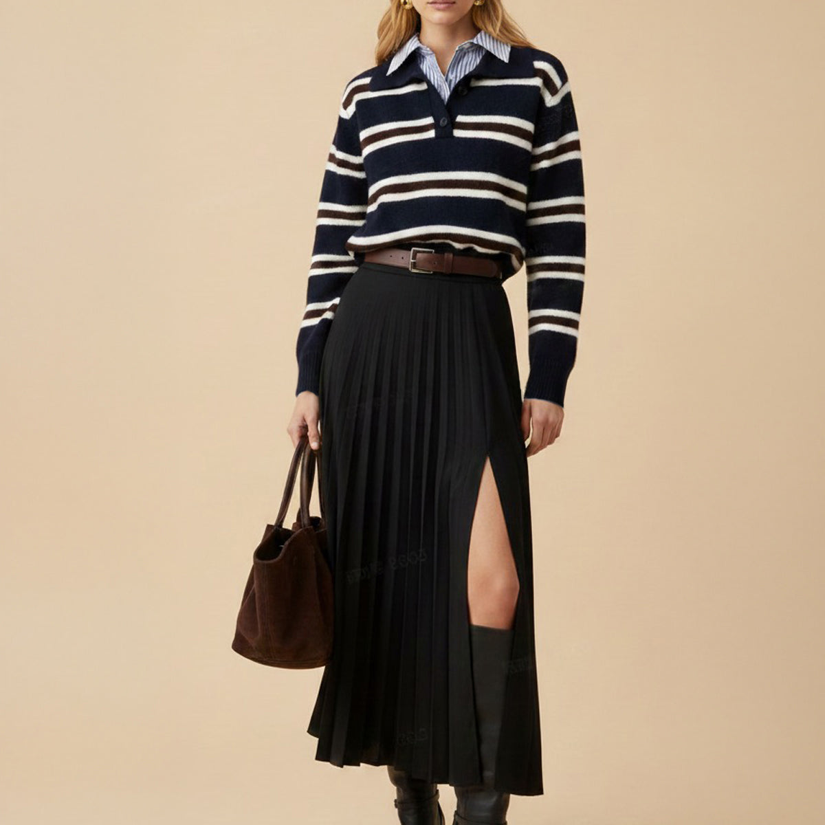 Pasiasty sweter polo z panelami