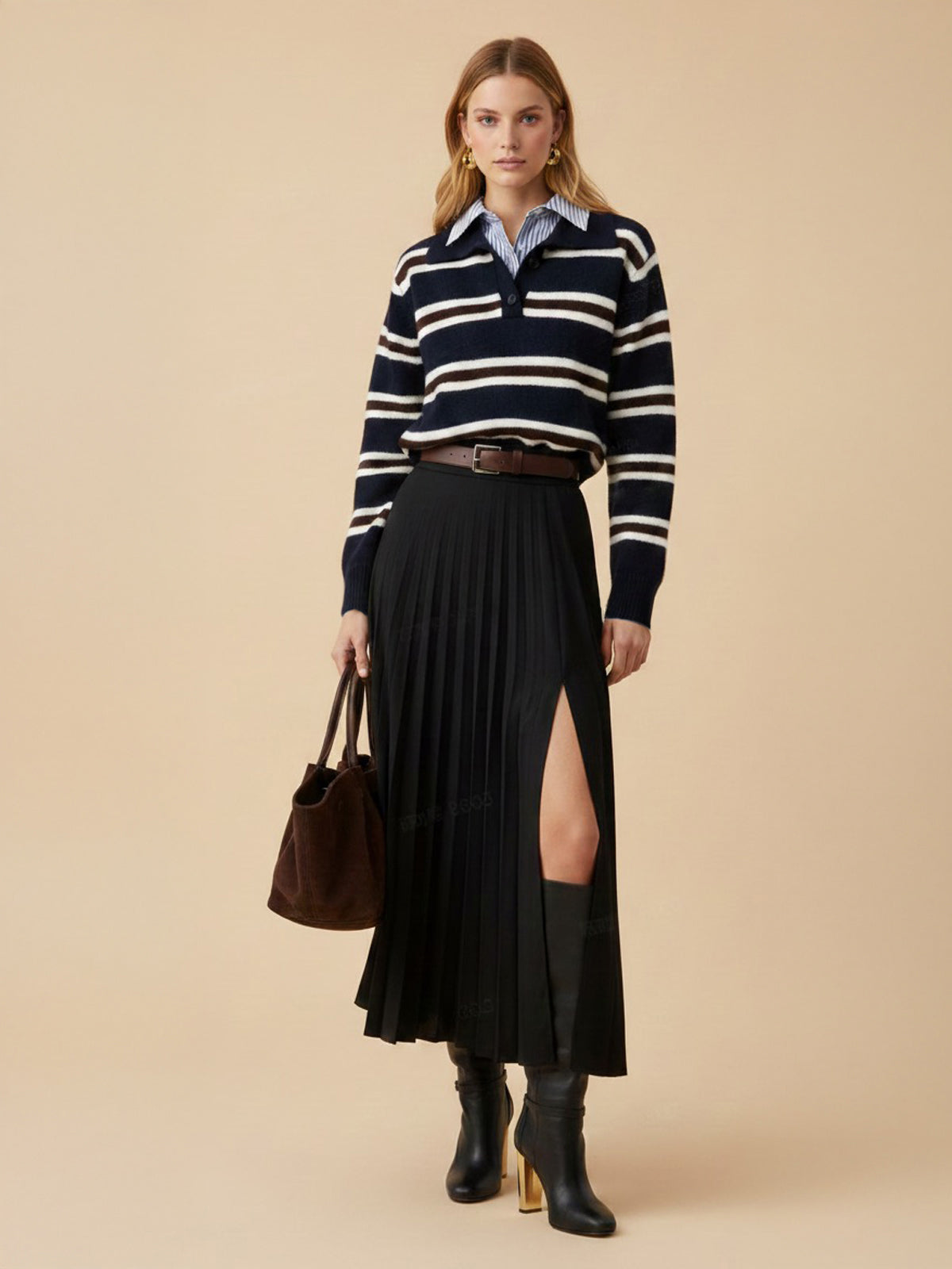Pasiasty sweter polo z panelami