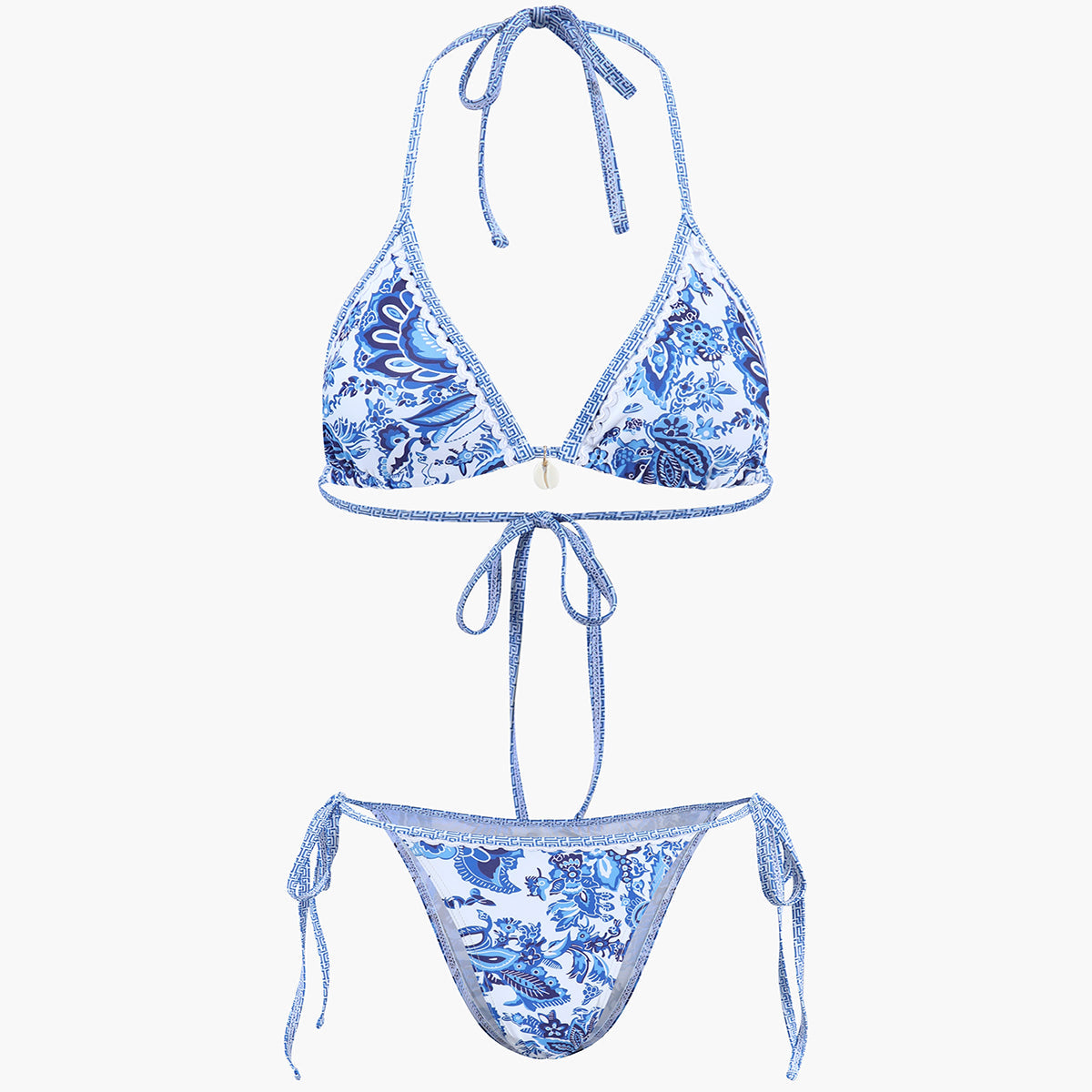 Bikini z wiązaniem przy szyi i wzorzystym motywem