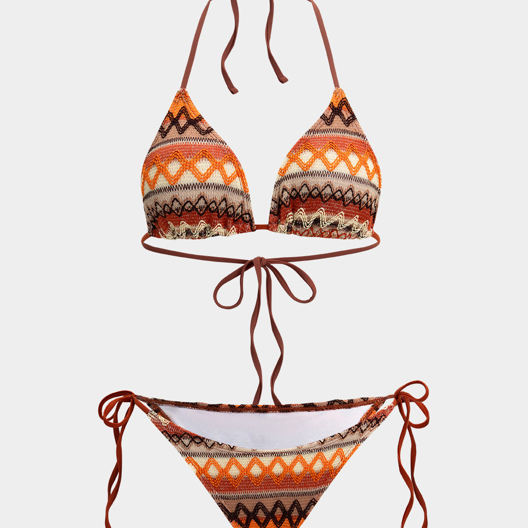 Bikini z wiązaniem na szyi i paskowym wzorem