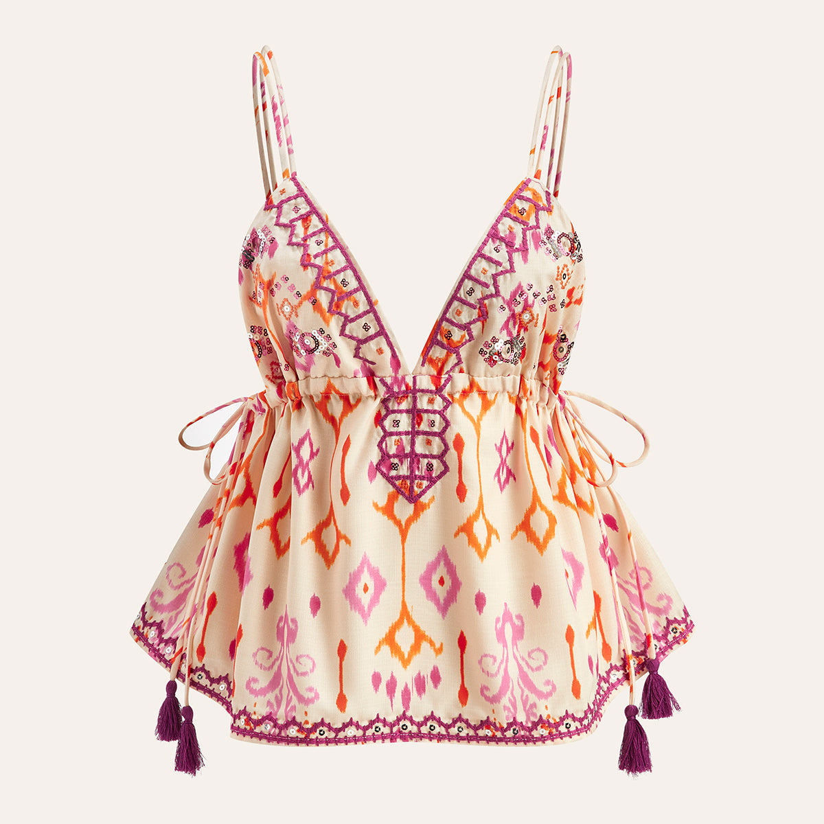 Boho top z haftem i frędzlami na ramiączkach