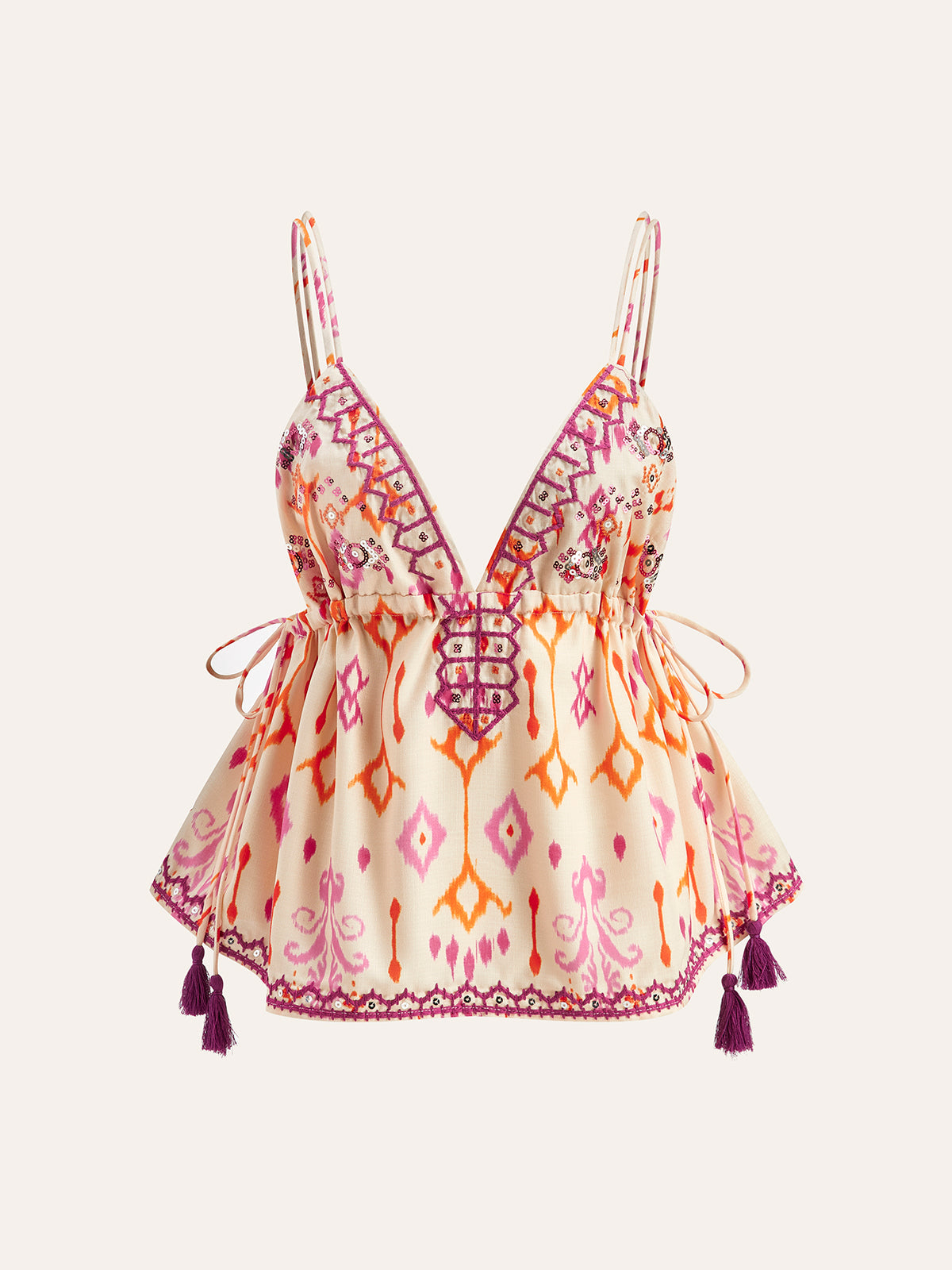 Boho top z haftem i frędzlami na ramiączkach