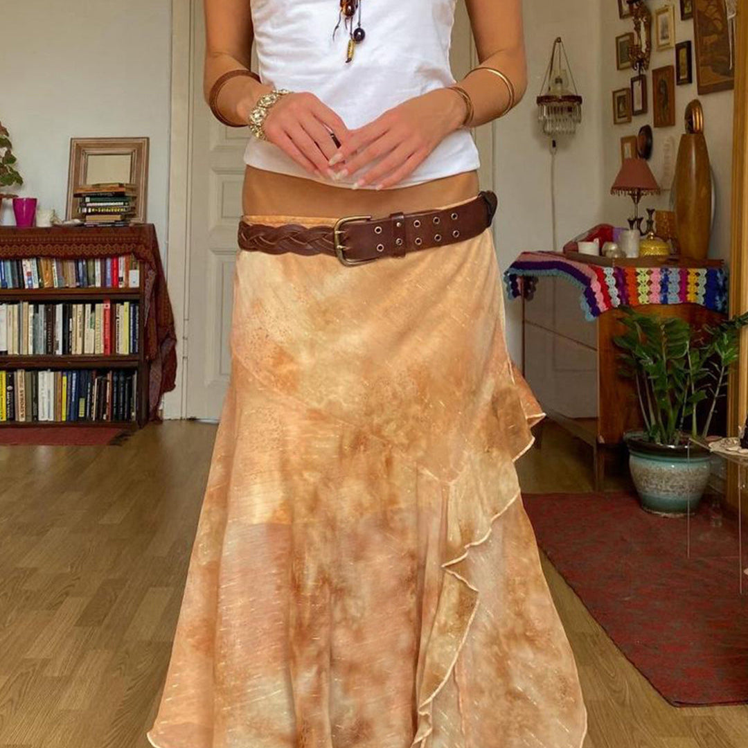 Szyfonowa spódnica z marszczeniem i falbaną w stylu tie dye