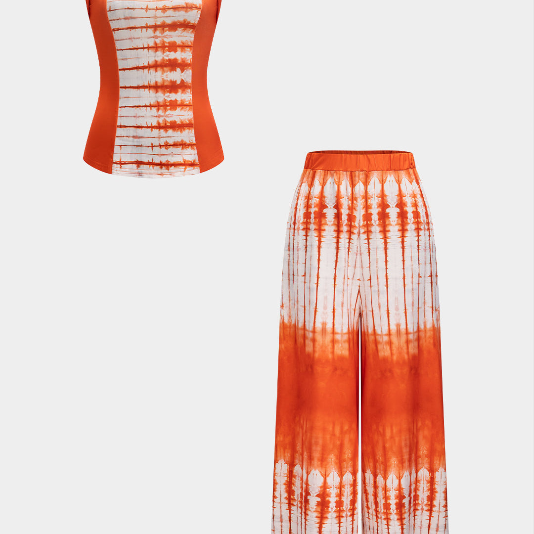 Damski zestaw z wiązanym topem i szerokimi spodniami w tie dye