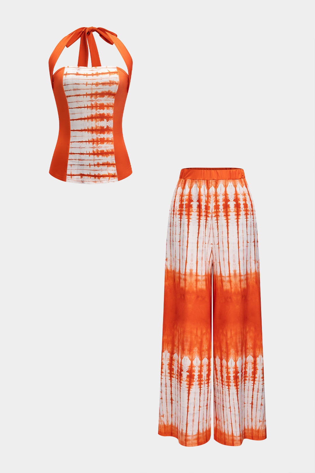 Damski zestaw z wiązanym topem i szerokimi spodniami w tie dye