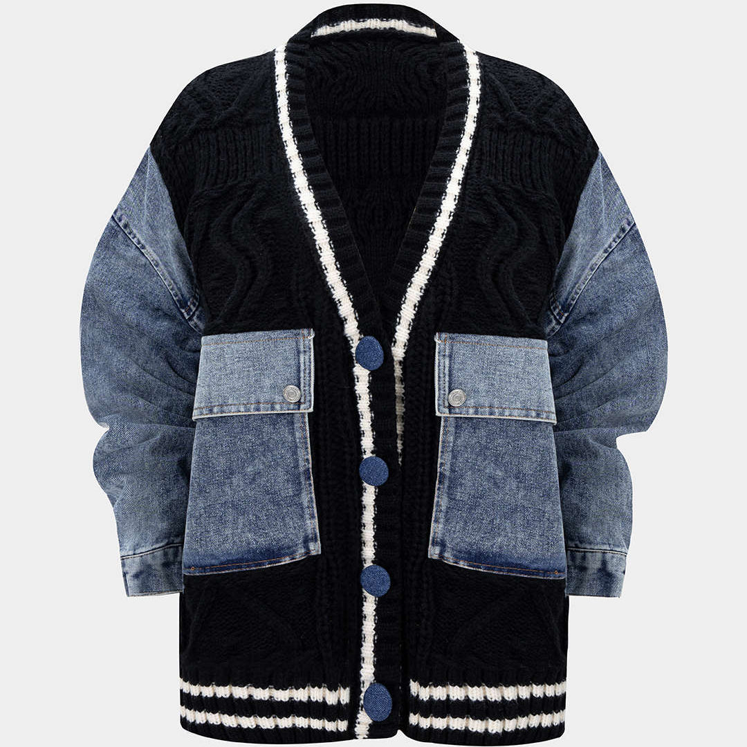 Kurtka patchworkowa z dzianiny i denimu