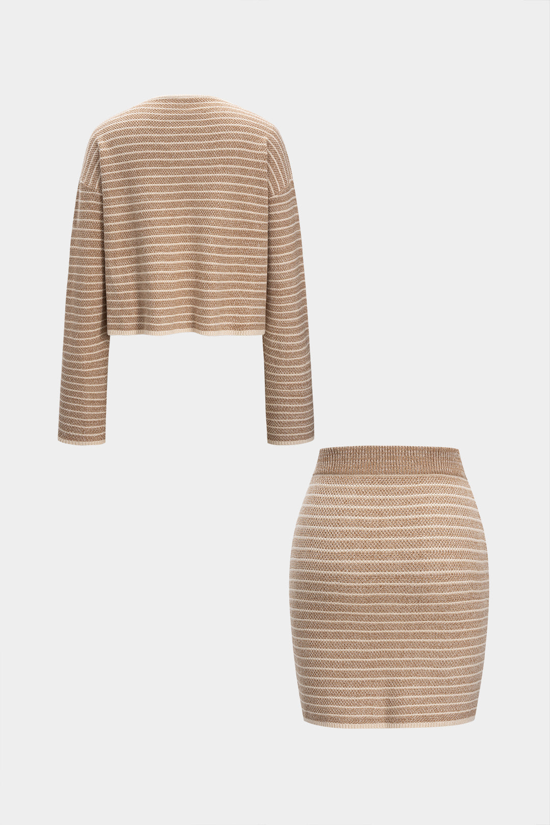 Dzianinowy komplet sweter z guzikami i spódnica mini w paski