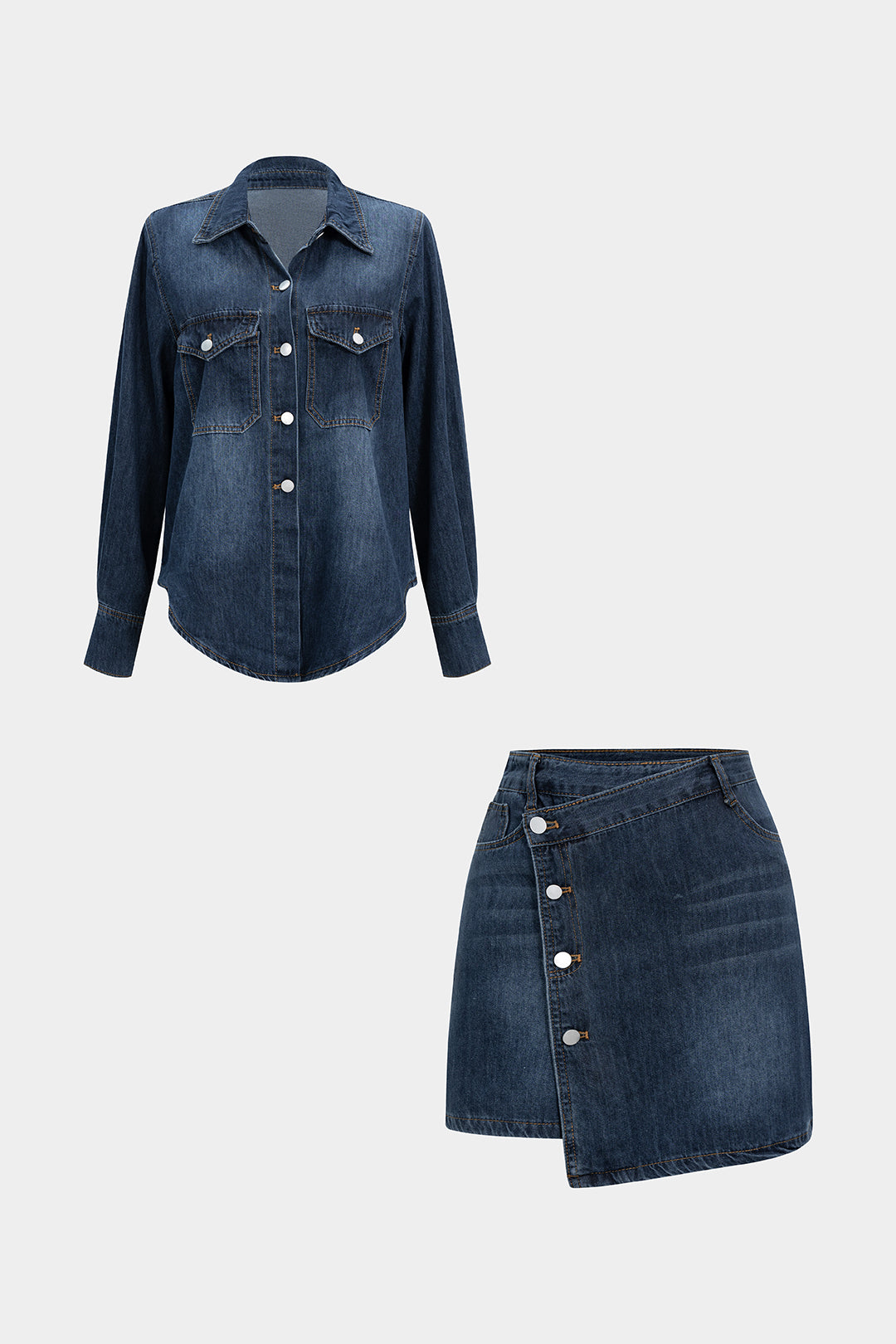Komplet z denimu z długim rękawem i krótką spódnicą