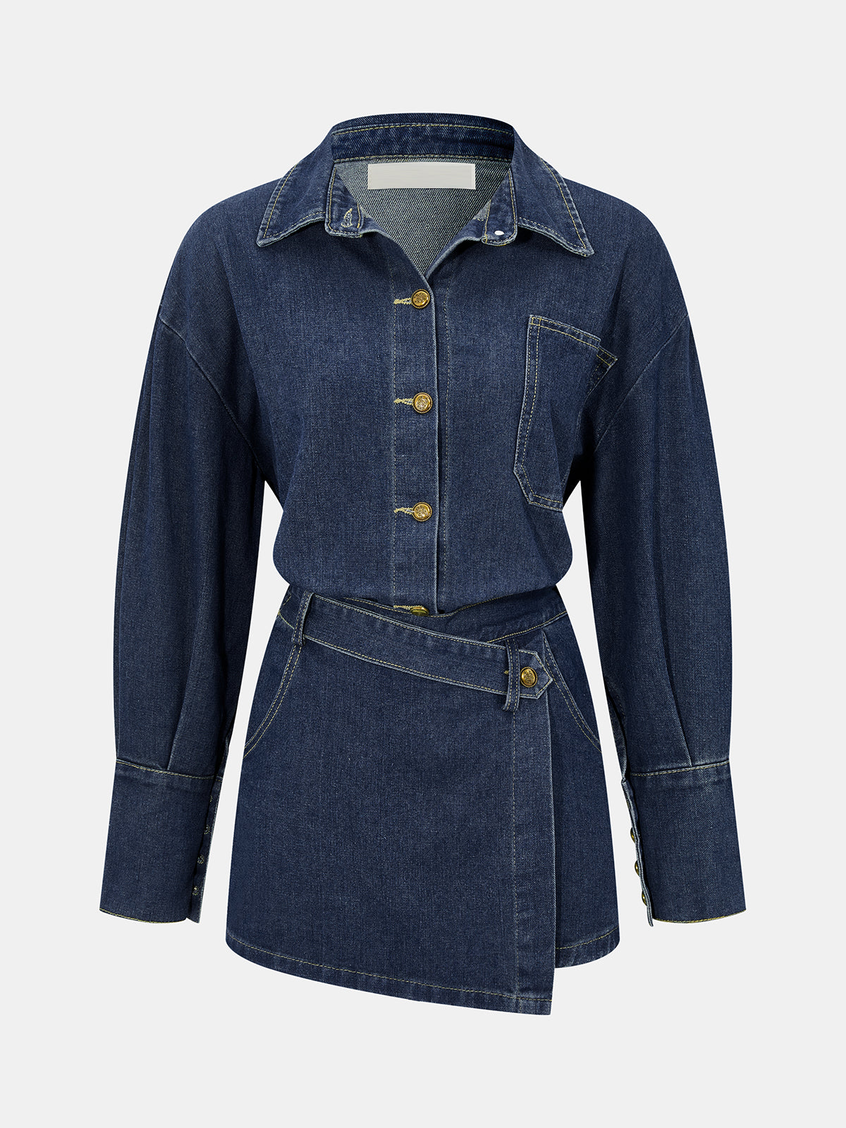 Komplet z koszulą jeansową i asymetrycznymi spódnico spodniami