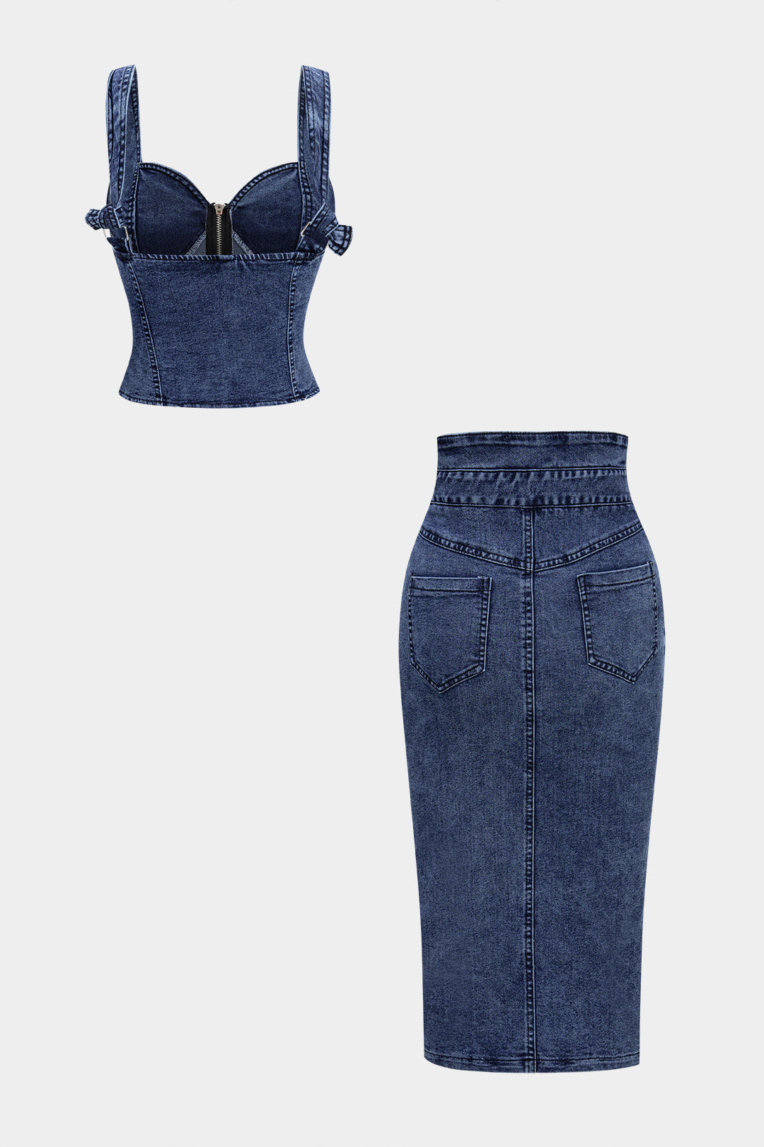 Damski zestaw z denimu z topem na suwak i spódnicą z guzikami