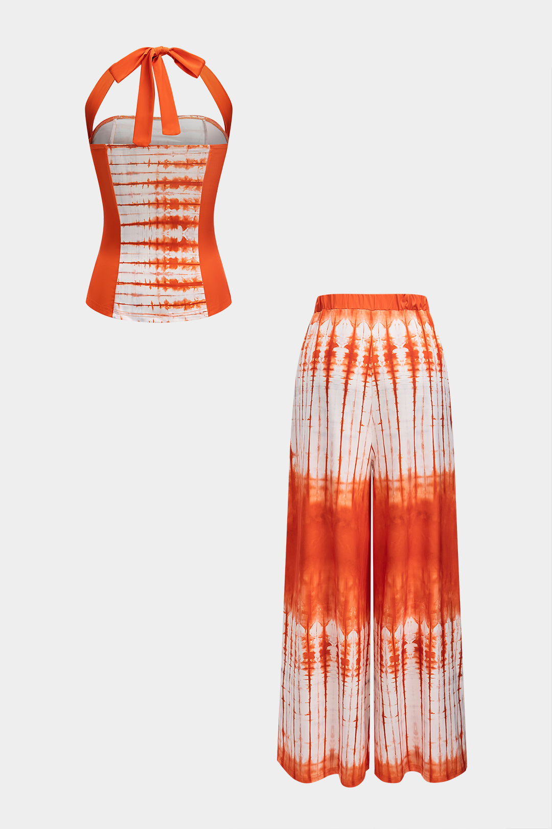 Damski zestaw z wiązanym topem i szerokimi spodniami w tie dye