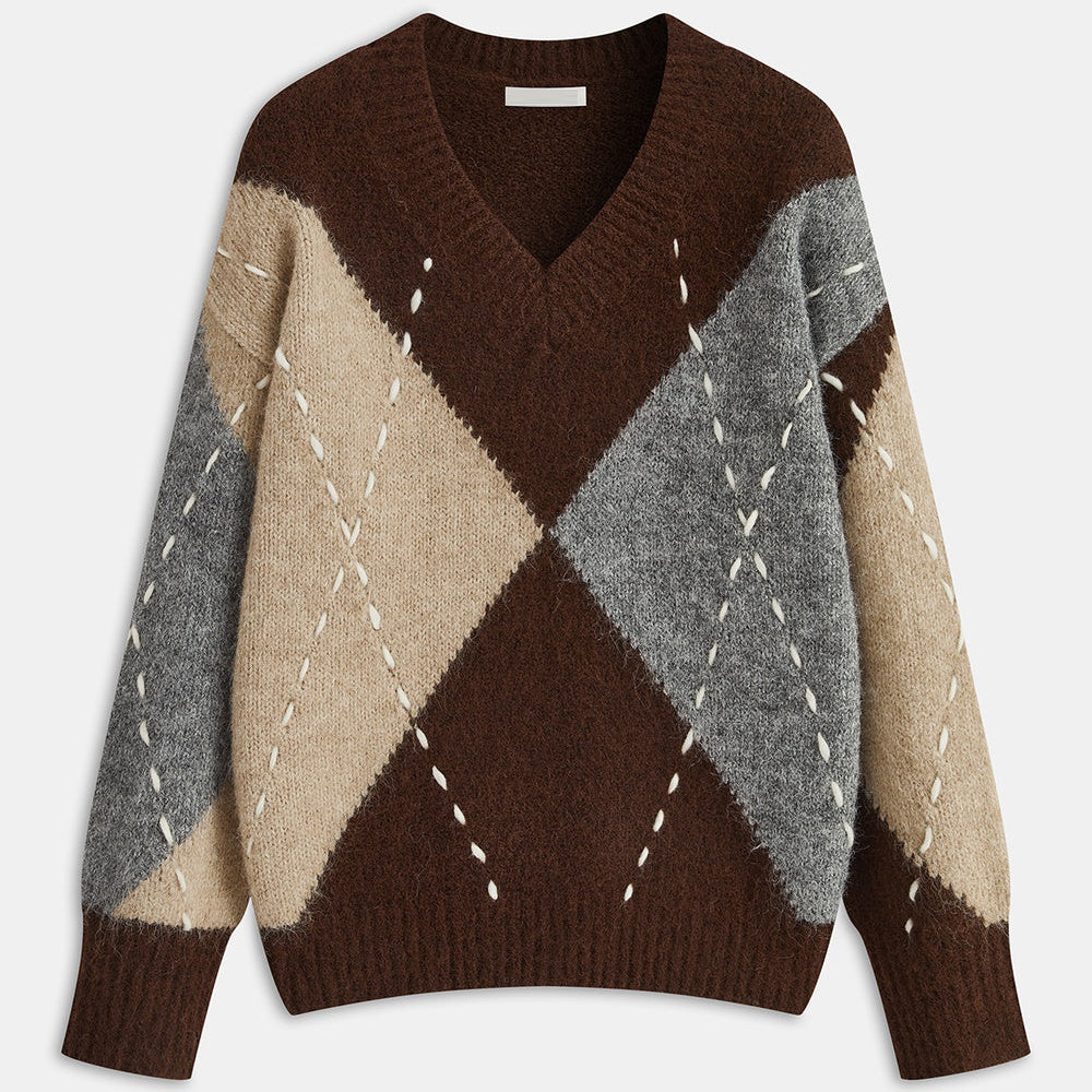 Sweter damski z dekoltem V i wzorem w romby