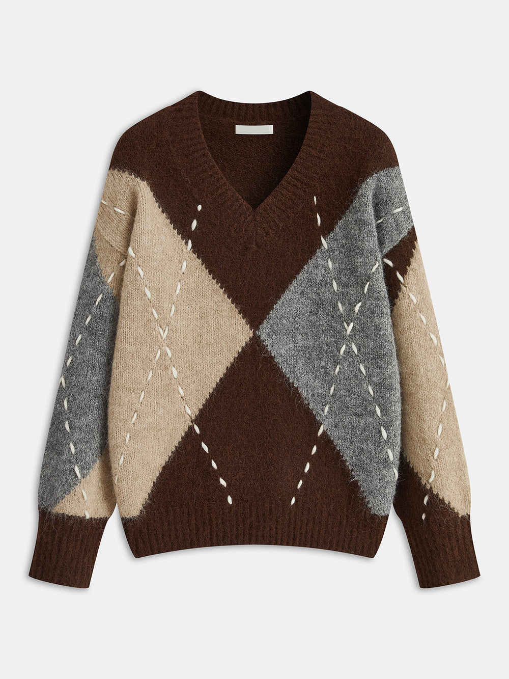 Sweter damski z dekoltem V i wzorem w romby
