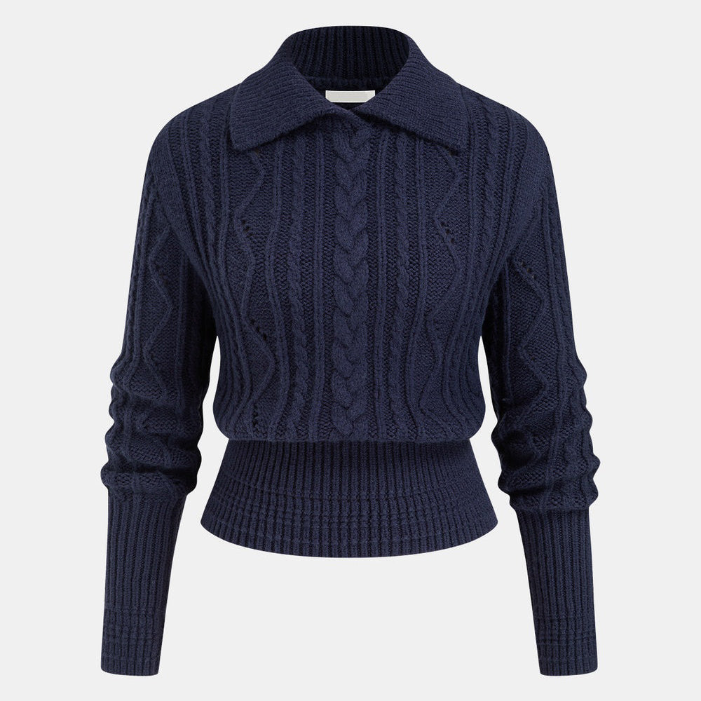 Sweter damski z eleganckim kołnierzem i wzorem warkoczowym