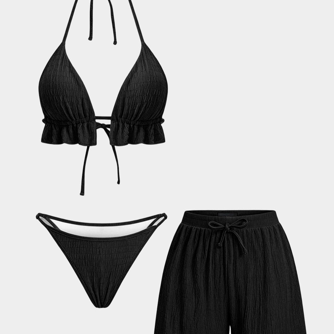 Bikini z teksturowanym topem na szyję i szortami