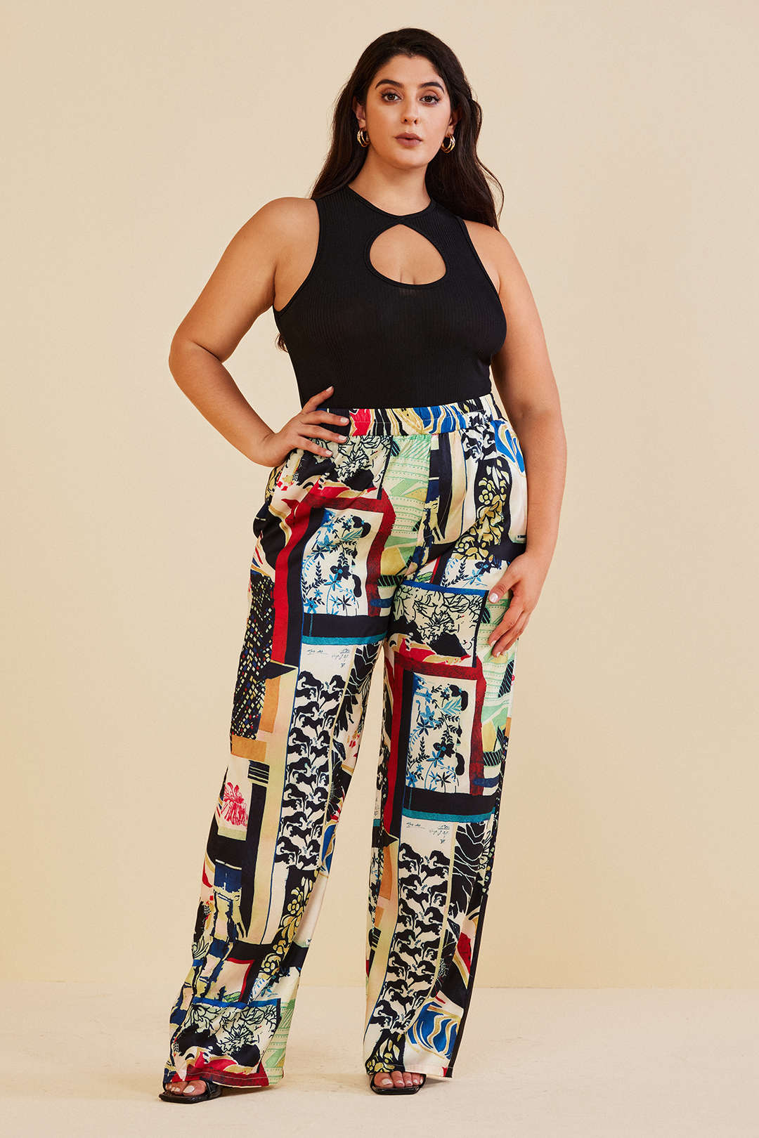 Kwiatowe spodnie damskie plus size z wysokim stanem