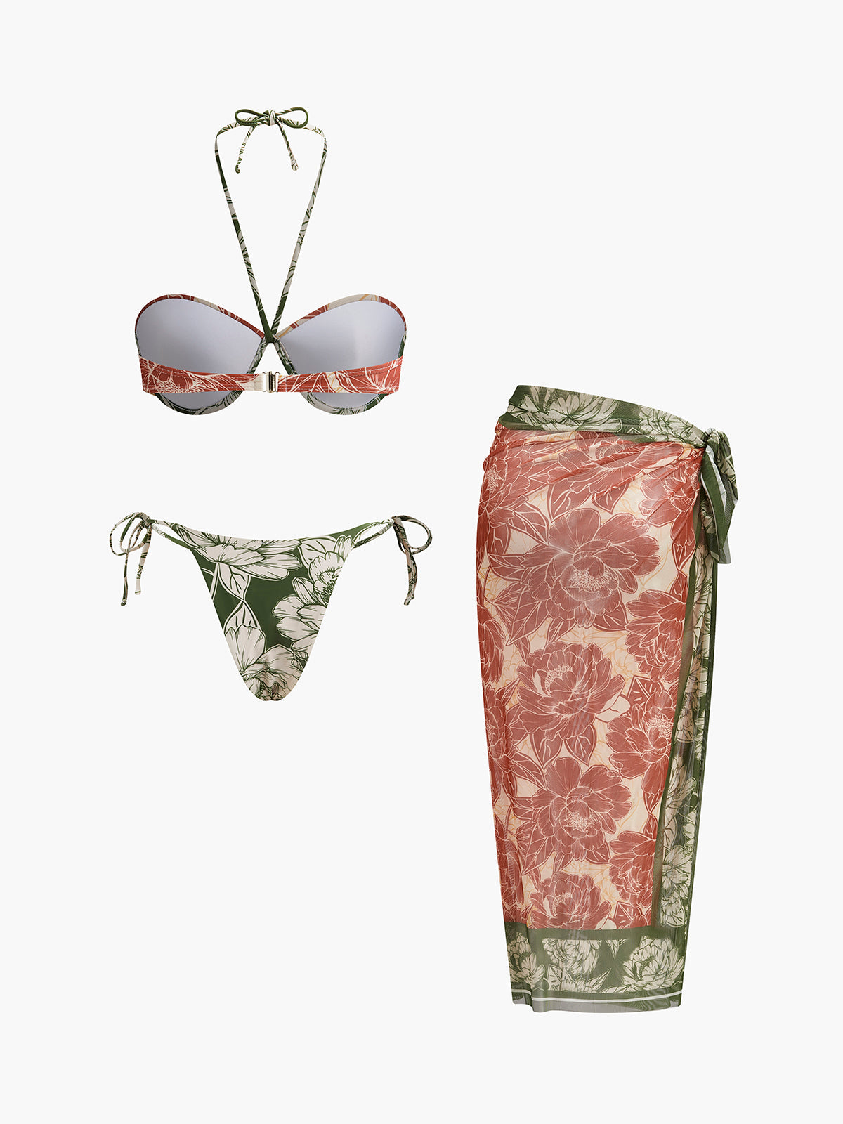 Bikini z kwiatowym wzorem i wiązaną spódnicą