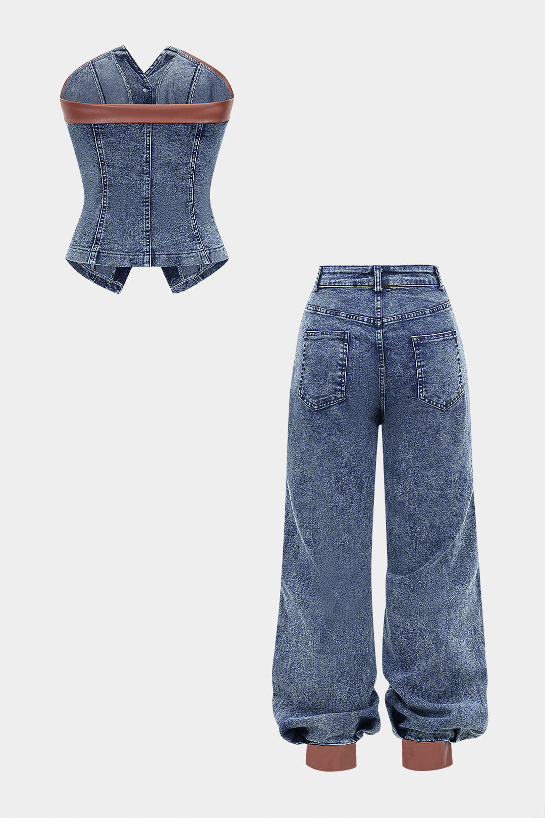 Komplet damski z gorsetowym topem i spodniami z szerokimi nogawkami